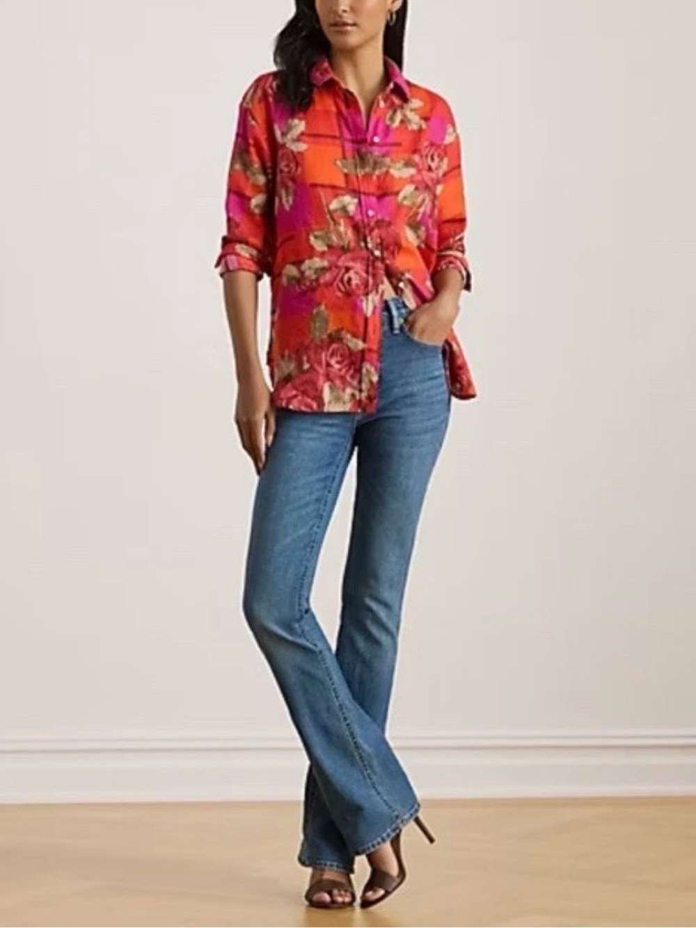 Lauren Ralph Lauren Relaxed Fit Floral Linen Long Sleeve Shirt Large